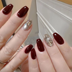 Faux Ongles Press On Coffin Rouge Bordeaux Brillant Avec Paillettes Or Champagne Et Strass Ballerine Pour Femmes