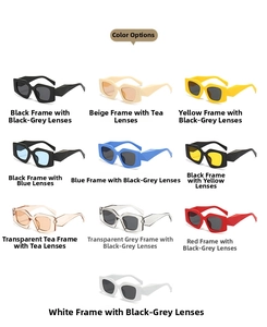Grid display of rectangular sunglasses in ten varied frame colors and lens tints