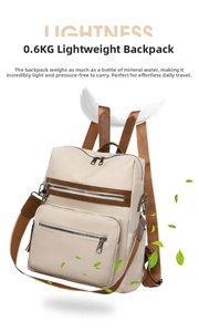 Close-up of 0.6kg lightweight beige faux leather backpack with brown contrast straps