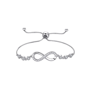 Classic silver zirconia infinity bracelet with adjustable slider clasp and heart accents