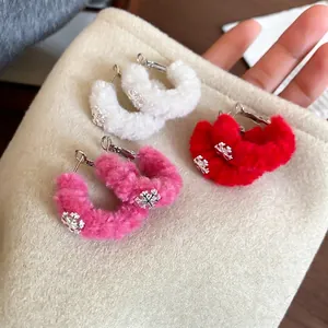 Winter Plush Hoop Earrings With Metal Snowflake Pendant 925 Sterling Silver Earring Post Fuzzy C-Shape Sweet Style For Women