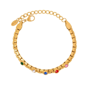 Gold plated stainless steel bracelet with five colored gemstones and lobster clasp