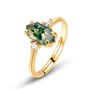Detail showing 925 sterling silver stamp on the gold adjustable moss agate ring band