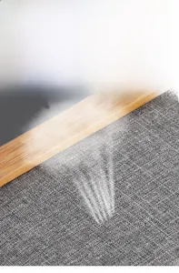 Close-up of breathable grey encrypted woven fabric and wood frame on storage bin