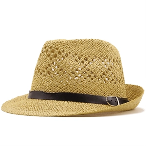 Chapeau Fedora en paille tissée avec ceinture noire décorative pour protection solaire d'été