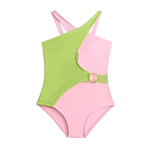 Pink and green one-shoulder girls' swimsuit with cutout waist and gold ring detail