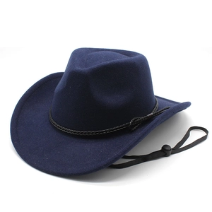 Detail of navy wool cowboy hat featuring a black woven band and adjustable chin strap