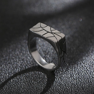 Macro shot of silver signet ring featuring engraved spider web patterns on a textured surface