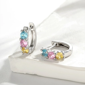 Colorful Zirconia Hoop Earrings Copper Silver Plated Three Round Stone Dainty Minimalist Jewelry For Women Girls