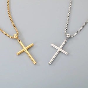 Polished stainless steel cross pendant necklaces in gold and silver finishes with square link chain