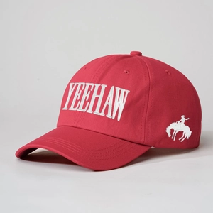 Red cotton twill baseball cap featuring white Yeehaw text and horse silhouette embroidery