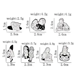 Detailed size chart for cat and girl enamel pins with weight and dimensions info