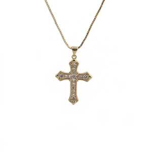 Detailed view of a gold-plated cross pendant necklace set with sparkling zircons