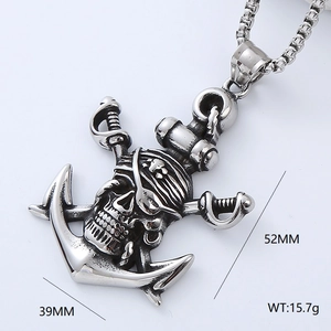 Macro detail of vintage silver 304 stainless steel skull pirate anchor pendant with size specs