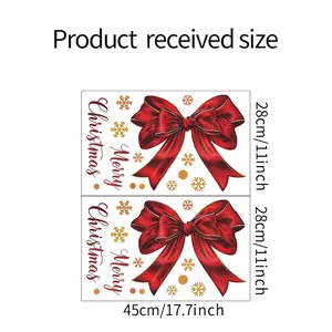 Guide des tailles pour stickers de Noël avec nœuds rouges, flocons dorés et lettrage festif