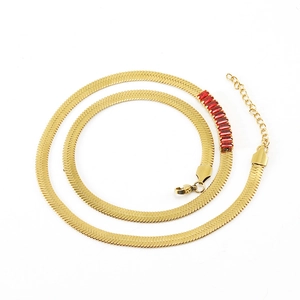 18K gold plated stainless steel snake chain necklace with red rectangular zircon stones