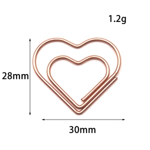 Rose gold heart-shaped paperclip dimensions showing 30mm width and 28mm height