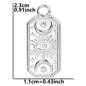 Silver evil eye pendant dimensions with moon and star engraving details on metal charm