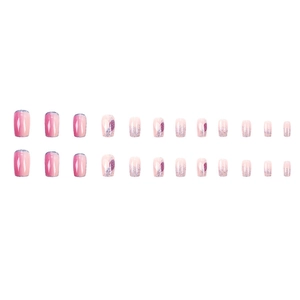 Short square lavender heart glitter press-on nails with soft pink gradient effect
