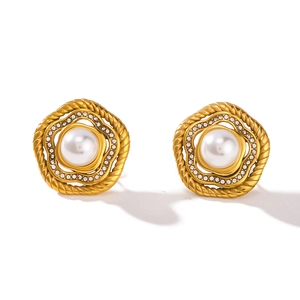 French vintage 18k gold plated floral earrings with pearls and zircon accents