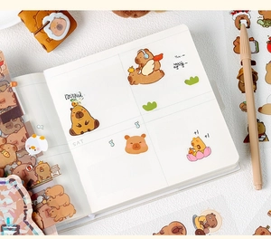 Close-up of waterproof Capybara stationery stickers and decorative journal notebook pages