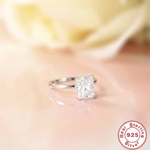 Luxury 925 sterling silver engagement ring with large rectangular cut clear diamond stone