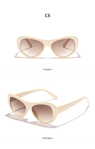 Macro detail of cream oval sunglasses with brown gradient lenses in front and side views