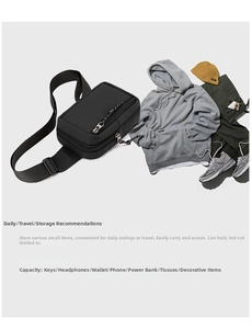 Detail view of black minimalist chest bag showing storage capacity and daily essentials
