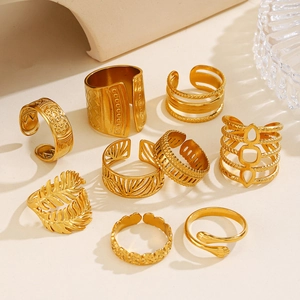 9-piece set of gold leaf rings with geometric hollow designs in bohemian style