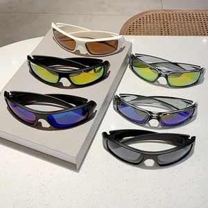 Multiple color options of wrap-around cycling sunglasses with futuristic Y2K style frames