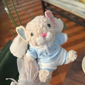Detail of a beige bunny plush wearing a blue tracksuit and a rhinestone heart hair clip