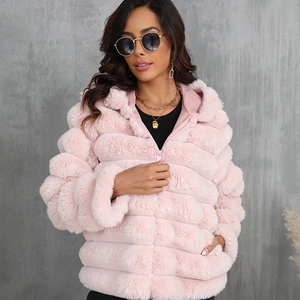 Chic pink faux fur hooded jacket for women featuring warm plush texture and front zipper