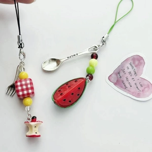 Fruit Phone Charm Strap Resin Watermelon Apple Core Alloy Spoon Fork Beaded Handmade Style Lanyard For Women Girls