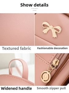 Detailed views of pink lychee leather backpack with golden bow and metal zipper details