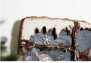 Detailed macro view of vintage Santa Claus wooden wall hanging with natural rattan texture
