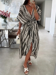 Vestito Maxi Donna Poliestere Elastan Tie Dye Scollo A V Maniche Corte Cintura Copricostume Spiaggia Bohemien Estate