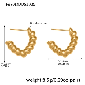 Detailed view of twisted gold hoop earrings showing 2.0cm height and 1.6cm width dimensions