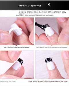 Guide showing steps to use French manicure stencil stickers for clean nail edge coloring