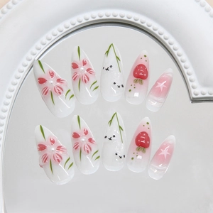 3D floral and cute rabbit press-on nails set with almond shape in sweet pink and red styles