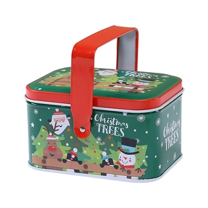 Portable Christmas tin gift box with handle featuring Santa and reindeer illustrations