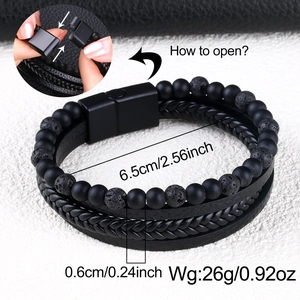 Detail showing multi-layer leather bracelet with natural stone beads and magnetic buckle