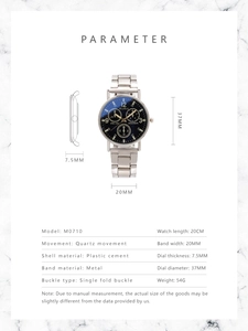 Detailed parameter diagram for silver men's quartz watch with blue dial and steel strap