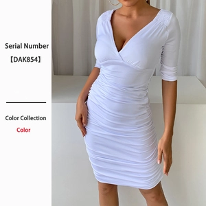 Sexy V Neck Ruched Midi Dress For Women Polyester Three Quarter Sleeve Bodycon Slim Fit Elegant Solid White Party