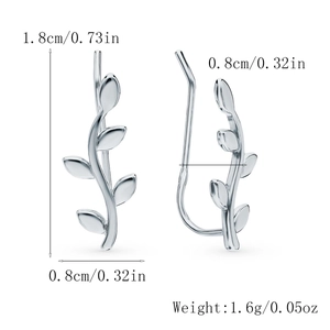Macro view of S925 sterling silver leaf ear cuffs with exact size and weight dimensions