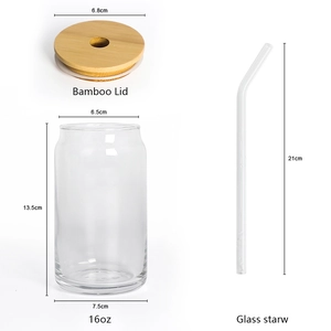 16oz glass can with bamboo lid and glass straw, detailed dimensions and parts layout