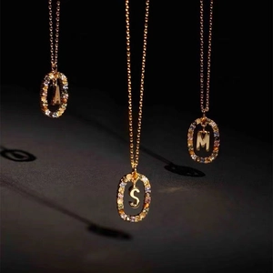 Pendant Necklace Copper Colorful Cubic Zirconia Initial Letter Oval Rhinestone Inlaid Fashion Jewelry For Women