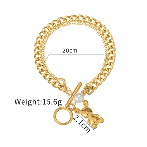 Goldenes Titanstahl-Armband zweilagig mit Perle und Bär-Anhänger, OT-Knebelverschluss