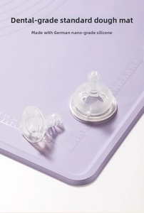 Detail of lavender silicone baking mat with measurement scales and food-grade texture