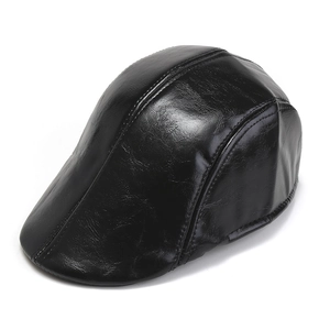 Classic black leather beret hat for adults featuring a stylish textured ivy cap design