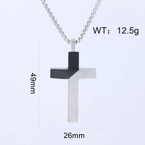 Detailed view of two-tone stainless steel cross pendant with 49mm x 26mm size markings